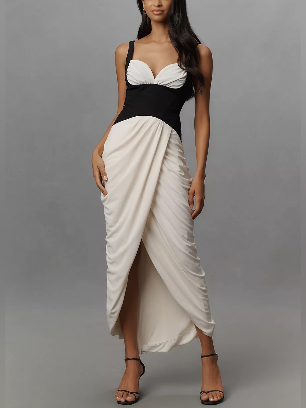 Anthropologie Maeve Ruched Corset Midi Dress XS Black White Draped
